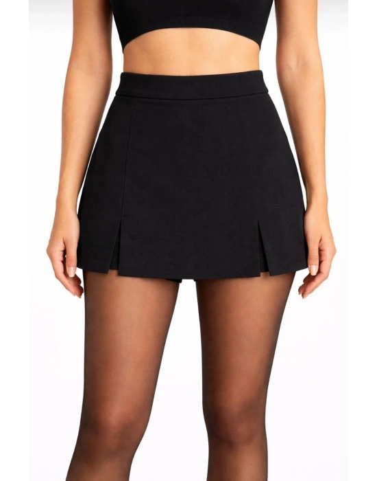 Kadın Siyah Krep Kumaş Şortlu Etek Mini Boy Yırtmaç Detaylı Yüksek Bel Günlük Şık Tasarım - Siyah