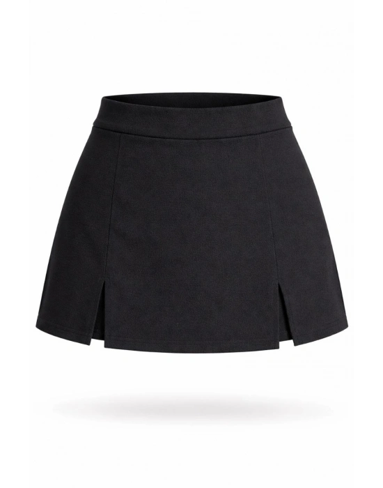 Kadın Siyah Krep Kumaş Şortlu Etek Mini Boy Yırtmaç Detaylı Yüksek Bel Günlük Şık Tasarım - Siyah