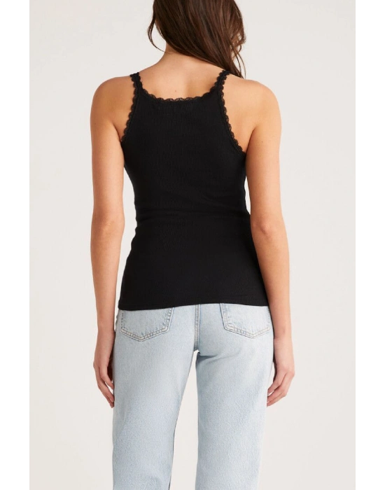 Kadın Siyah Normal Kalıp Dantel Detalı Ince Askılı Oyuk Yaka Atlet