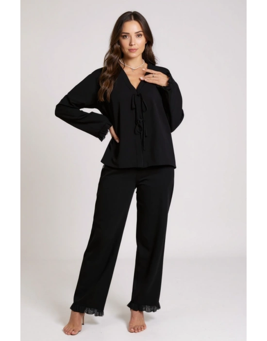 Kadın Siyah Önden Bağlamalı Kolu ve Paçası Fırfır Detaylı Uzun Kollu Pijama Takımı