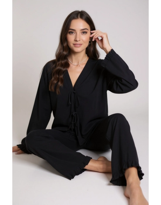 Kadın Siyah Önden Bağlamalı Kolu ve Paçası Fırfır Detaylı Uzun Kollu Pijama Takımı