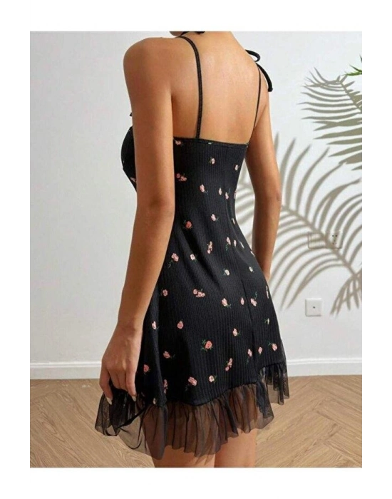 Kadın Siyah Pembe Gül Desenli Askılı Bağlamalı Dantel Detaylı Elbise 5072