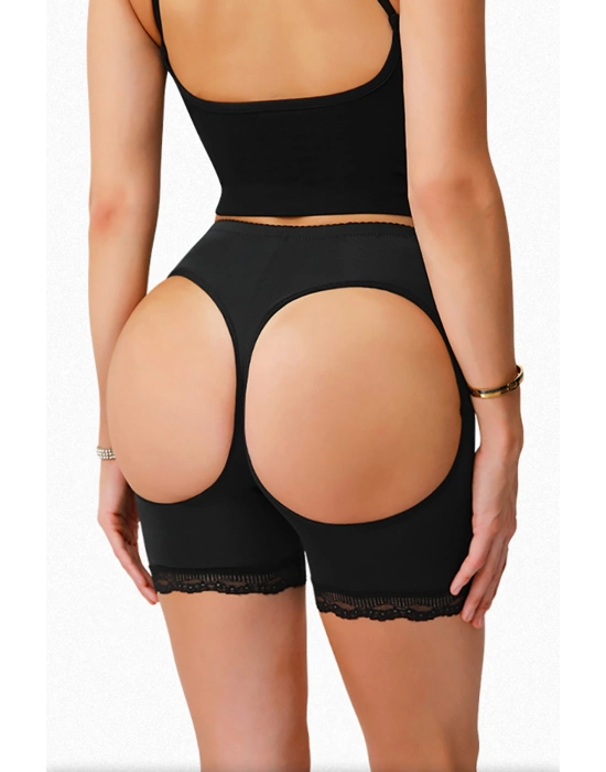 Kadın Siyah Pop Up Kalça Kaldırıcı ve Sekillendirici Dantel Paçalı Şort Külot