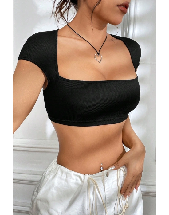 Kadın Siyah Sırt Dekolteli ve Boyundan Bağlamalı Yarım Kol Crop Top Bluz