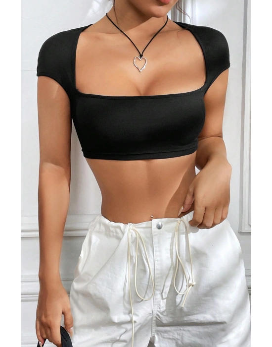 Kadın Siyah Sırt Dekolteli ve Boyundan Bağlamalı Yarım Kol Crop Top Bluz