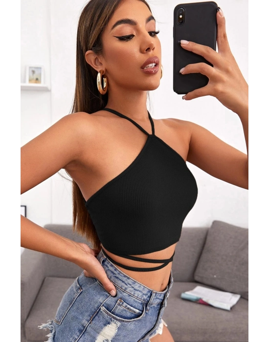 Kadın Siyah Sırtı Açık Boyundan Çapraz Bağlamalı Crop Top Bluz