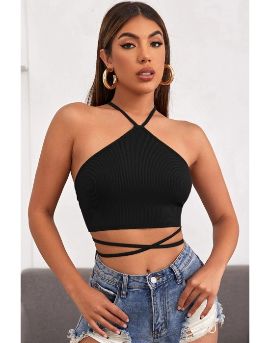 Kadın Siyah Sırtı Açık Boyundan Çapraz Bağlamalı Crop Top Bluz