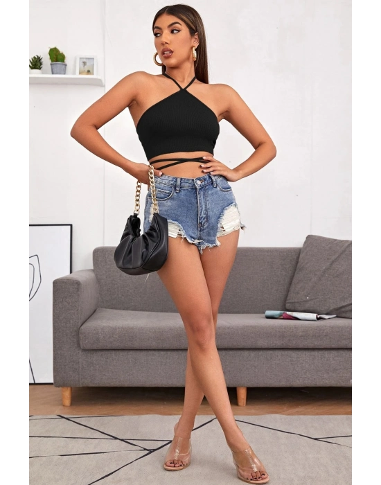 Kadın Siyah Sırtı Açık Boyundan Çapraz Bağlamalı Crop Top Bluz