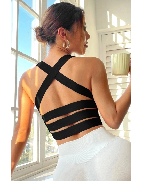 Kadın Siyah Sırtı Çapraz Lastik Detaylı Crop Top Bluz – Şık, Rahat ve Kolay Kombinlenebilir