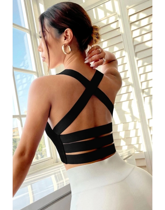 Kadın Siyah Sırtı Çapraz Lastik Detaylı Crop Top Bluz – Şık, Rahat ve Kolay Kombinlenebilir