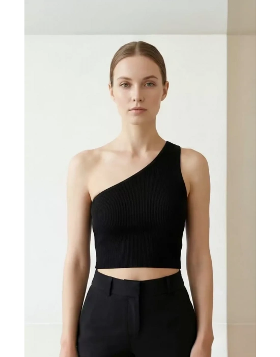 Kadın Siyah Tek Omuz Crop Büstiyer – Modern ve Şık Tasarım