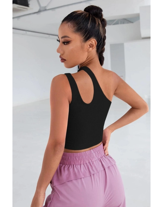 Kadın Siyah Tek Omuz Cut Out Detaylı Crop Top Bluz