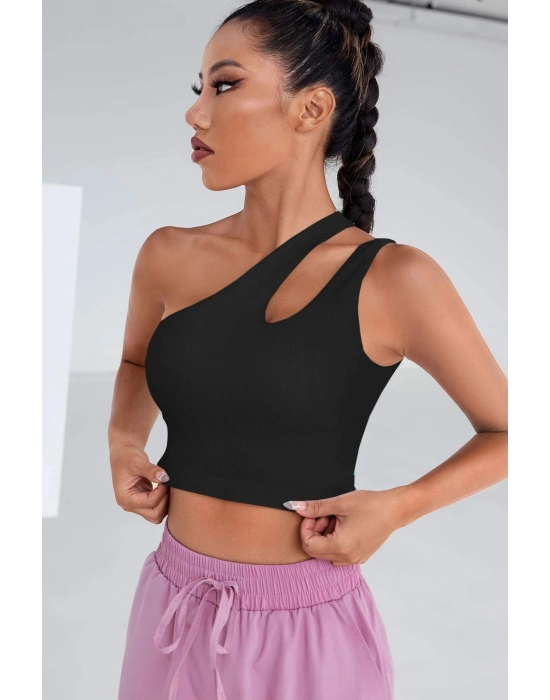 Kadın Siyah Tek Omuz Cut Out Detaylı Crop Top Bluz