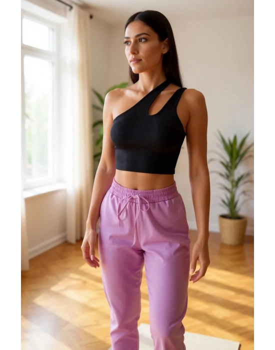 Kadın Siyah Tek Omuz Cut Out Detaylı Crop Top Bluz – Şık, Rahat ve Kolay Kombinlenebilir