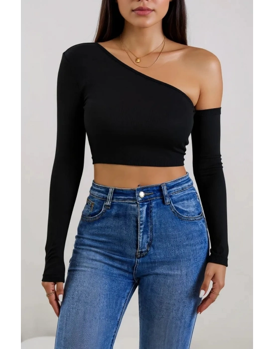 Kadın Siyah Tek Omuz Detaylı Uzun Kol Crop Top Bluz – Şık, Rahat ve Kolay Kombinlenebilir