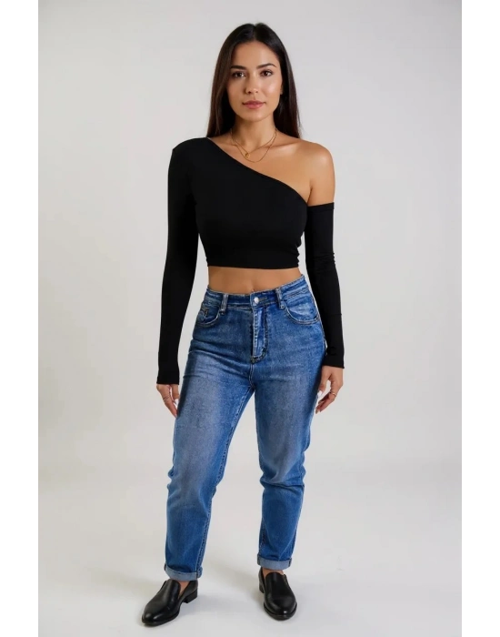 Kadın Siyah Tek Omuz Detaylı Uzun Kol Crop Top Bluz – Şık, Rahat ve Kolay Kombinlenebilir