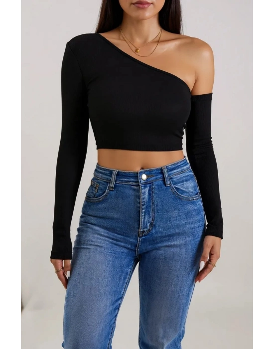 Kadın Siyah Tek Omuz Detaylı Uzun Kol Crop Top Bluz – Şık, Rahat ve Kolay Kombinlenebilir