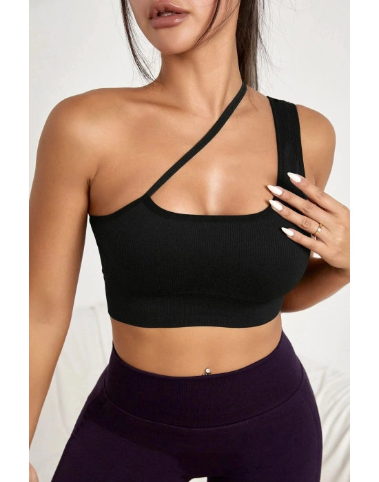 Kadın Siyah Tek Omuzlu Çapraz Askılı Crop Top Büstiyer