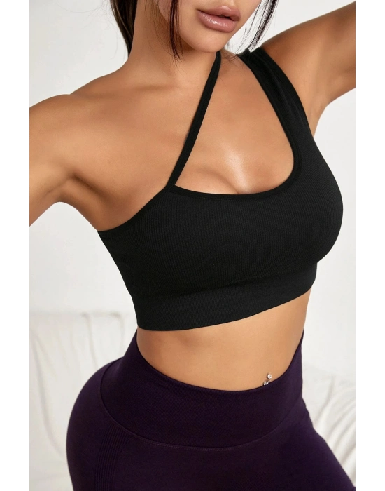 Kadın Siyah Tek Omuzlu Çapraz Askılı Crop Top Büstiyer