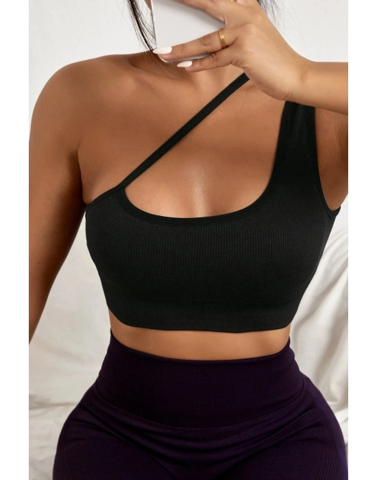 Kadın Siyah Tek Omuzlu Çapraz Askılı Crop Top Büstiyer