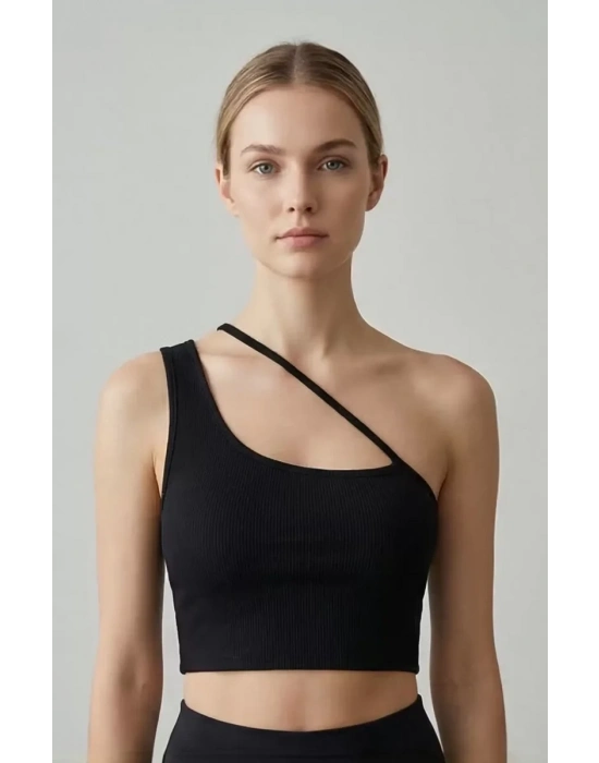 Kadın Siyah Tek Omuzlu Çapraz Askılı Crop Top Büstiyer – Modern ve Şık Tasarım