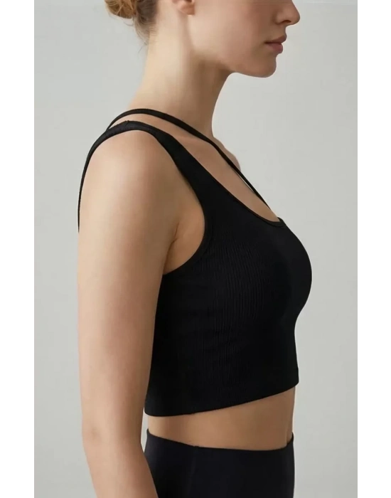 Kadın Siyah Tek Omuzlu Çapraz Askılı Crop Top Büstiyer – Modern ve Şık Tasarım
