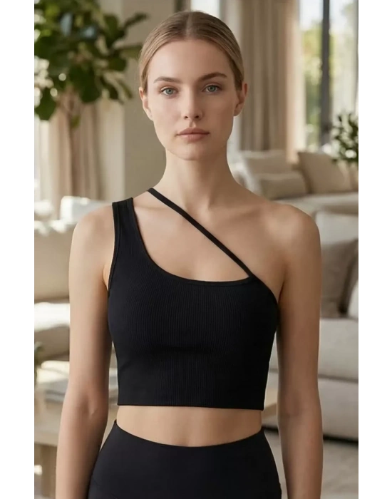 Kadın Siyah Tek Omuzlu Çapraz Askılı Crop Top Büstiyer – Modern ve Şık Tasarım