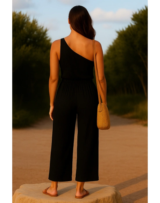 Kadın Siyah Tek Omuzlu Şık Bluz & Geniş Paça Pantolon İkili Takım