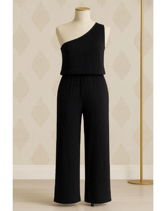 Kadın Siyah Tek Omuzlu Şık Bluz & Geniş Paça Pantolon İkili Takım – Modern, Konforlu ve Günlük Kombinlere Uygun