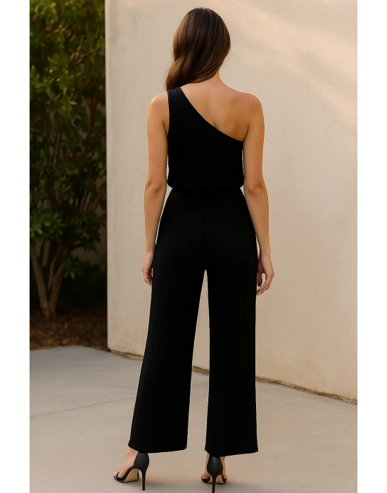 Kadın Siyah Tek Omuzlu Şık Bluz & Geniş Paça Pantolon İkili Takım – Modern, Konforlu ve Günlük Kombinlere Uygun