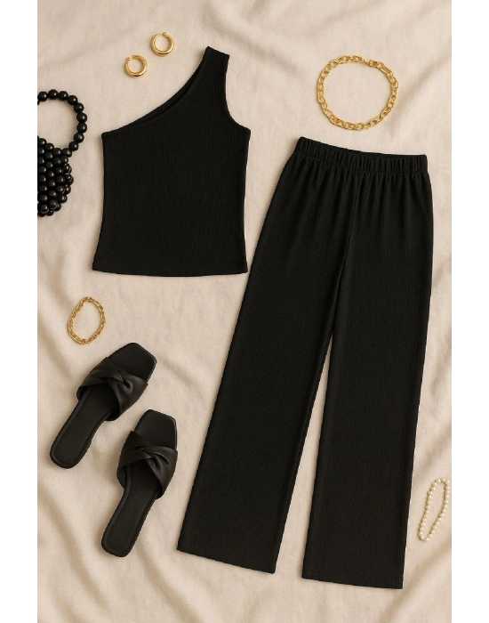 Kadın Siyah Tek Omuzlu Şık Bluz & Geniş Paça Pantolon İkili Takım – Modern, Konforlu ve Günlük Kombinlere Uygun