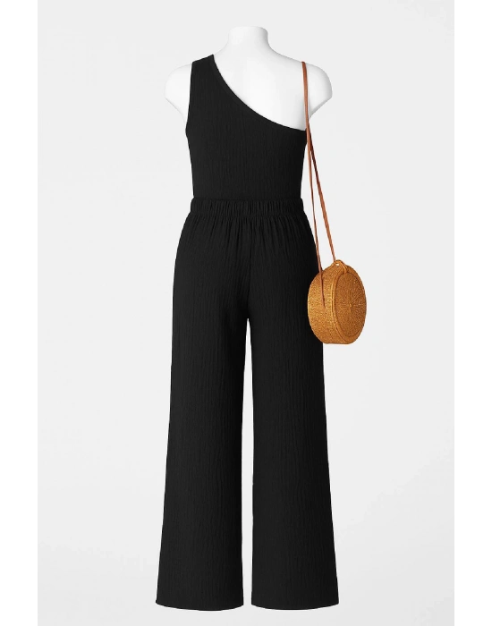 Kadın Siyah Tek Omuzlu Şık Bluz & Geniş Paça Pantolon İkili Takım – Modern, Konforlu ve Günlük Kombinlere Uygun