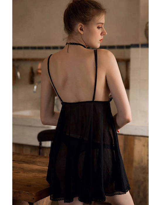 Kadın Siyah Transparan Dantelli Çift Sıra Askılı Şık Gecelik