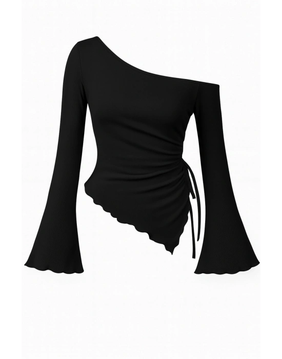 Kadın Siyah Uzun İspanyol Kollu Asimetirik Yaka Yandan Bağlamalı Drapeli Bluz