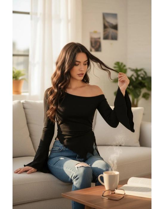 Kadın Siyah Uzun İspanyol Kollu Asimetirik Yaka Yandan Bağlamalı Drapeli Bluz