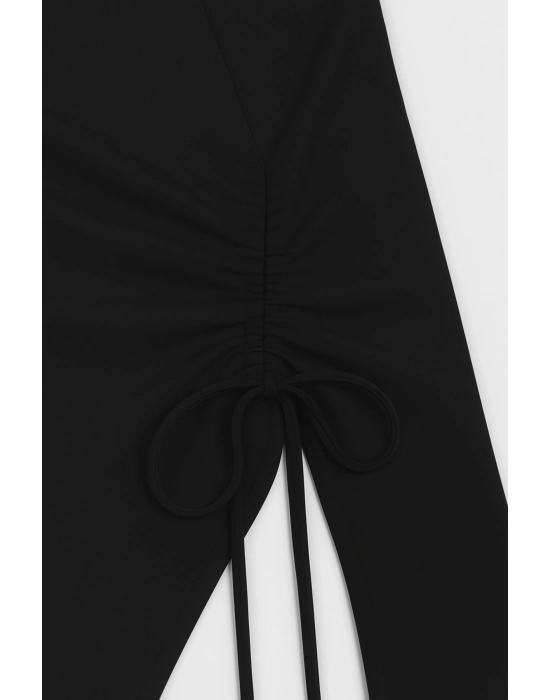 Kadın Siyah Uzun İspanyol Kollu Asimetirik Yaka Yandan Bağlamalı Drapeli Bluz