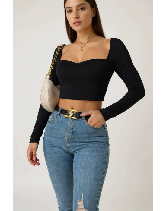 Kadın Siyah Uzun Kol Göğüs Dekolteli Şık Crop Top Bluz – Şık, Rahat ve Kolay Kombinlenebilir