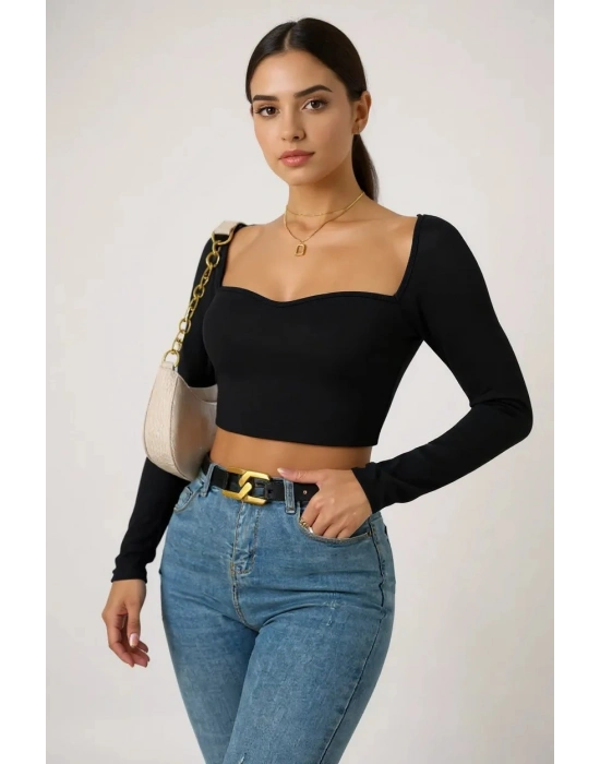 Kadın Siyah Uzun Kol Göğüs Dekolteli Şık Crop Top Bluz – Şık, Rahat ve Kolay Kombinlenebilir