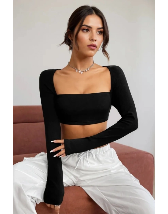 Kadın Siyah Uzun Kol Göğüs ve Sırt Dekolteli Crop Top Bluz – Şık, Rahat ve Kolay Kombinlenebilir