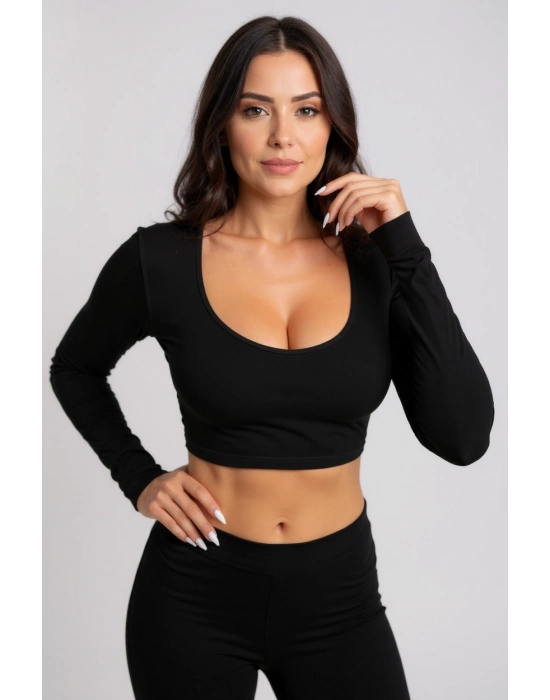 Kadın Siyah Uzun Kol Kare Yaka Crop Top Bluz – Şık, Rahat ve Kolay Kombinlenebilir