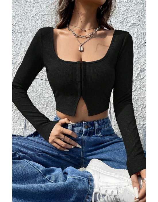 Kadın Siyah Uzun Kollu Agraflı Göğüs ve Göbek Dekolteli Crop Top Bluz