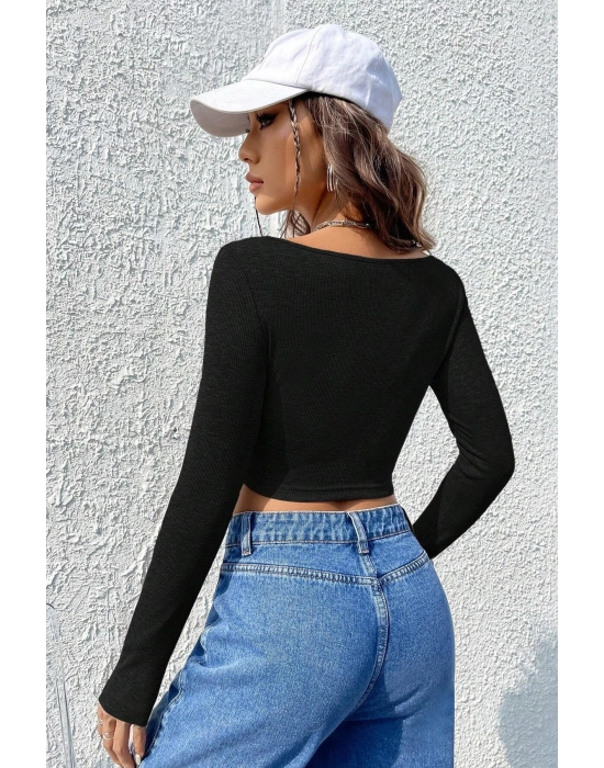 Kadın Siyah Uzun Kollu Agraflı Göğüs ve Göbek Dekolteli Crop Top Bluz