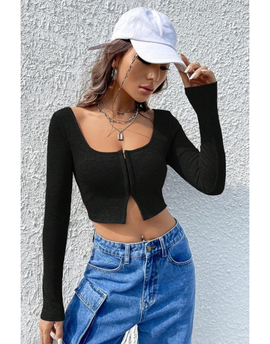 Kadın Siyah Uzun Kollu Agraflı Göğüs ve Göbek Dekolteli Crop Top Bluz