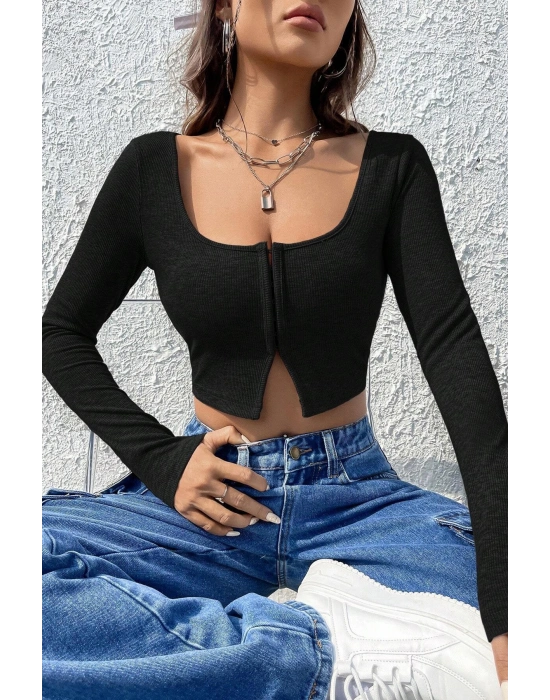 Kadın Siyah Uzun Kollu Agraflı Göğüs ve Göbek Dekolteli Crop Top Bluz