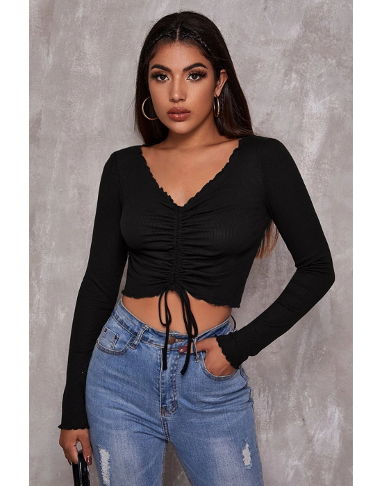 Kadın Siyah Uzun Kollu Büzdürme Bağcık Detaylı Crop Top Bluz