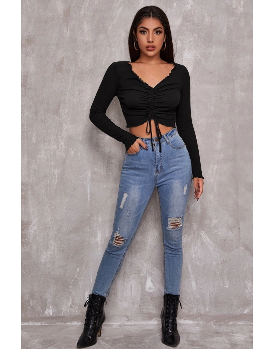 Kadın Siyah Uzun Kollu Büzdürme Bağcık Detaylı Crop Top Bluz