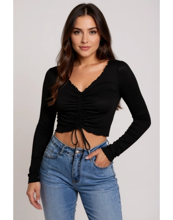 Kadın Siyah Uzun Kollu Büzdürme Bağcık Detaylı Crop Top Bluz – Şık, Rahat ve Kolay Kombinlenebilir