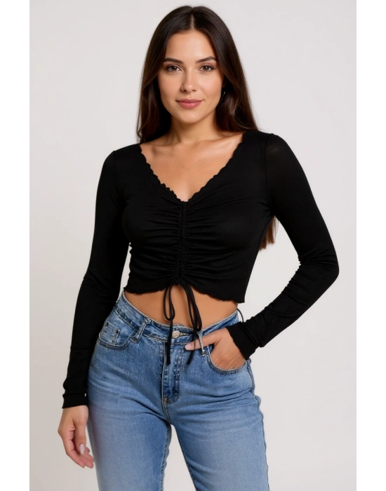 Kadın Siyah Uzun Kollu Büzdürme Bağcık Detaylı Crop Top Bluz – Şık, Rahat ve Kolay Kombinlenebilir
