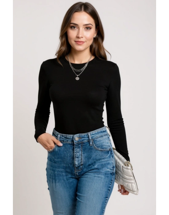 Kadın Siyah Uzun Kollu Fit Basic Crop Top Bluz
