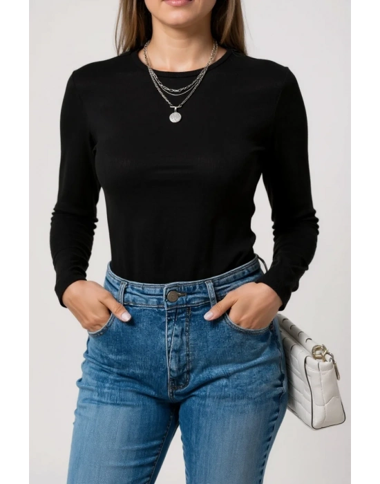 Kadın Siyah Uzun Kollu Fit Basic Crop Top Bluz